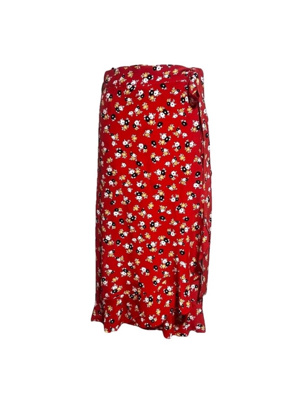 Red Floral Wrap Midi Skirt